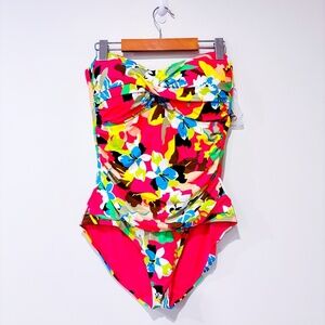 ANNE COLE Pink floral ruched one-piece swimsuit | Sweetheart neckline | Size 14